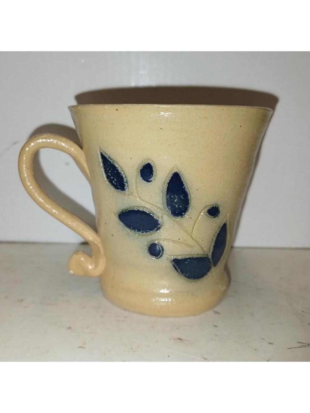 Vintage Ceramic Coffee Cup with Blue Leaf Design